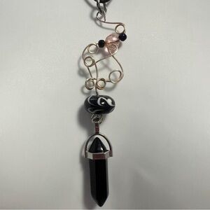 Handcrafted Black crystal  and Silver Pendant Necklace upcycled materials